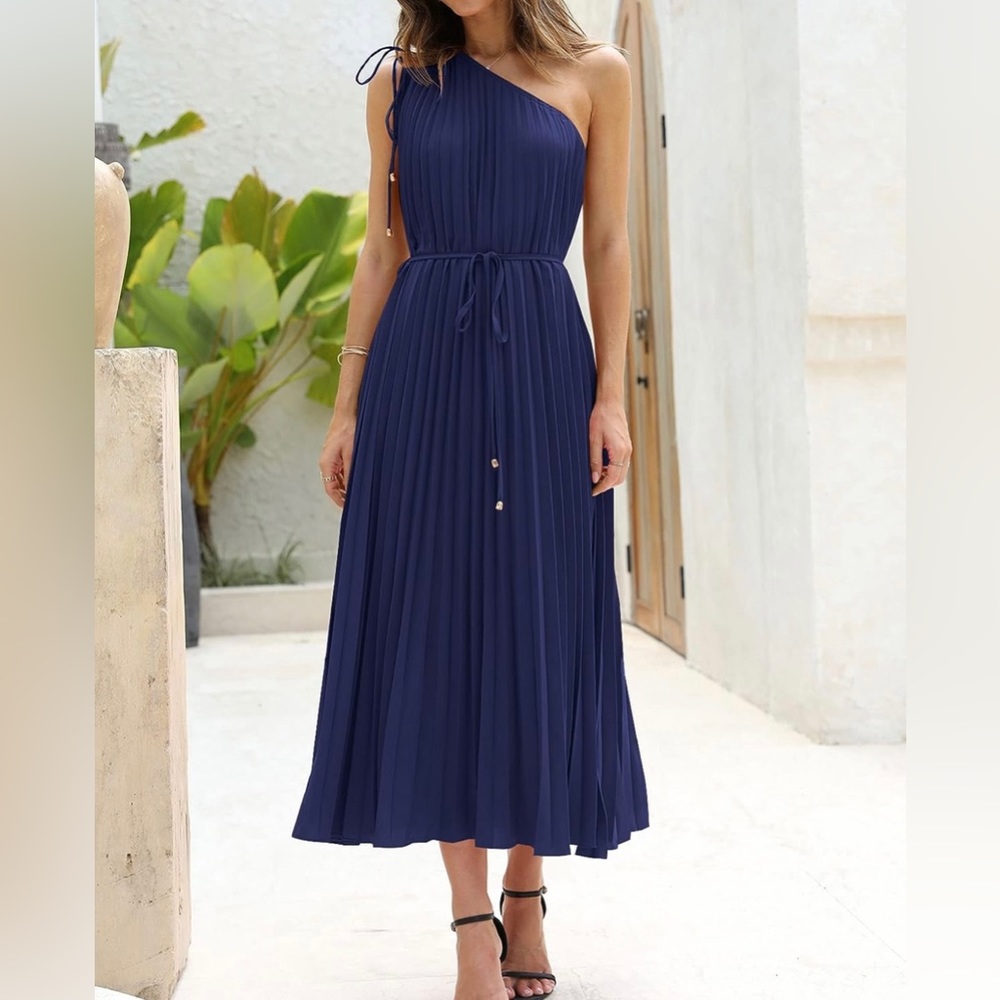 Women's Drawstring One Shoulder Maxi Tie Waist Pleated Cocktail Dress